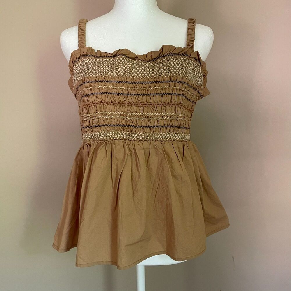 Old Navy Size Large Brown Cotton Baby Doll Ruffle Smocked Summer Milkmaid Top